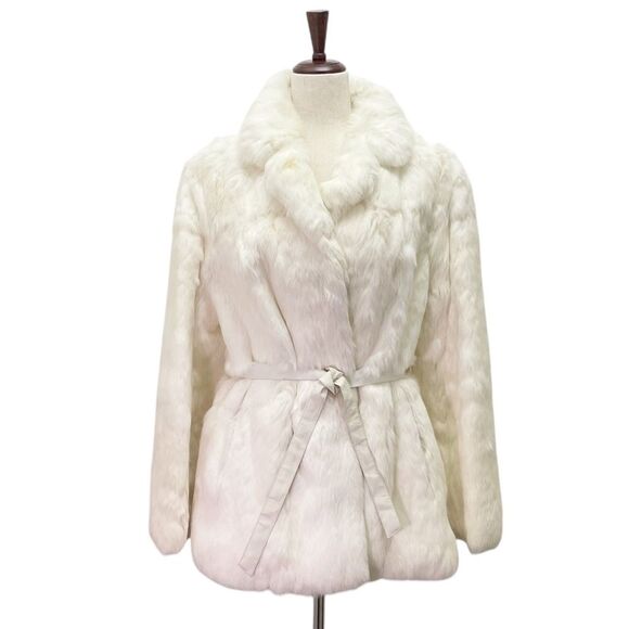 Vintage Belted Ivory Rabbit Fur Coat Size Medium Made in Hong Kong Aspen Chic - Picture 1 of 13